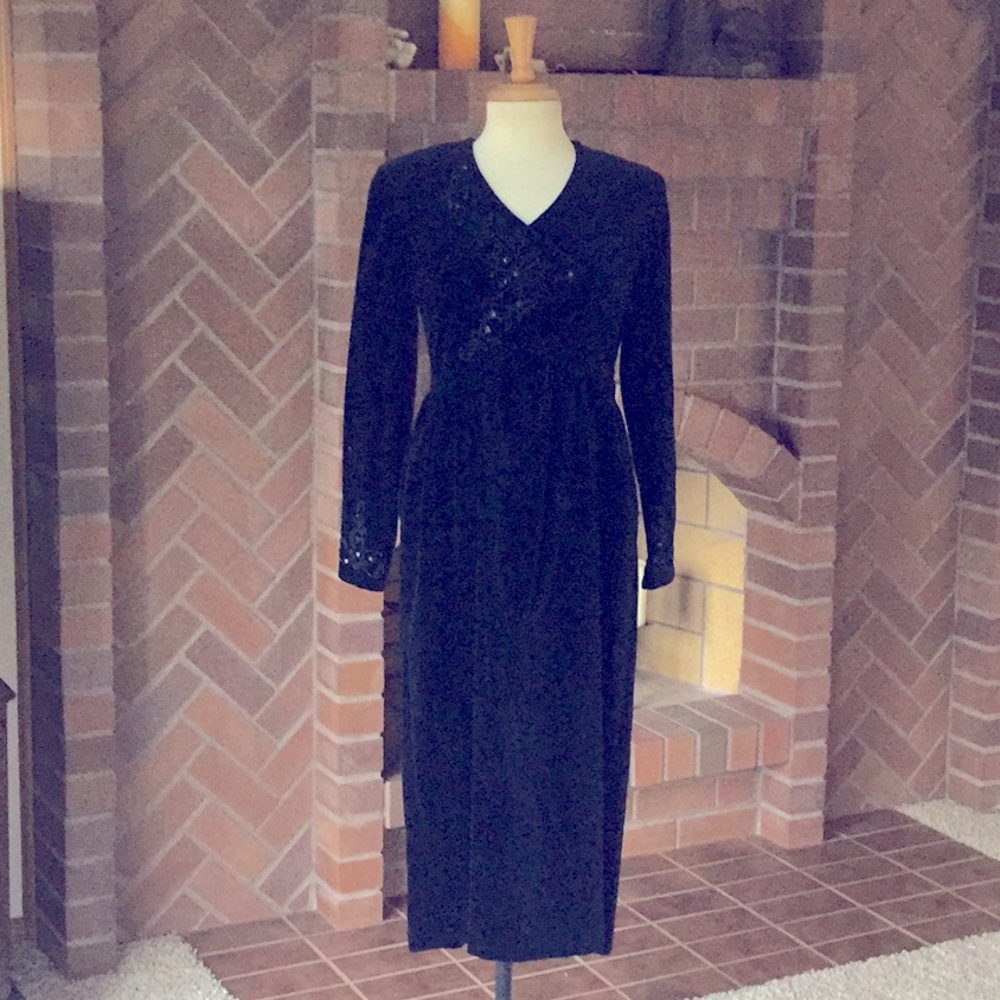 black velvet empire waist beaded formal dress
